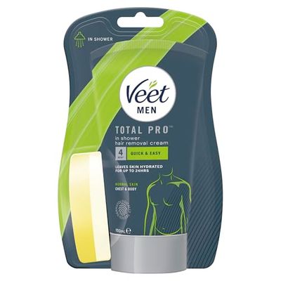Veet Men's Hair Removal Cream 150 ml With Sponge, Quick & Effective Shower Solution, Hydrating, Dermatologically Tested, Smooth Skin, Easy Application, Ideal For Sensitive Areas