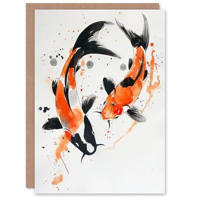 Artery8 Greeting Card Two Koi Carp Japanese Fish Bright Watercolour Blank For Him Or Her Art Birthday Card