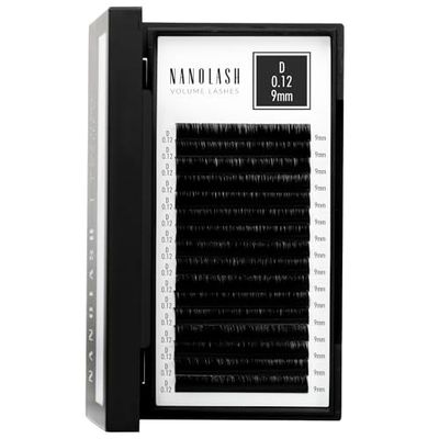 Pestañas postizas para extensión Nanolash - extensiones de pestañas de volumen, pestañas para extensión profesional (0.12 D, 9mm)