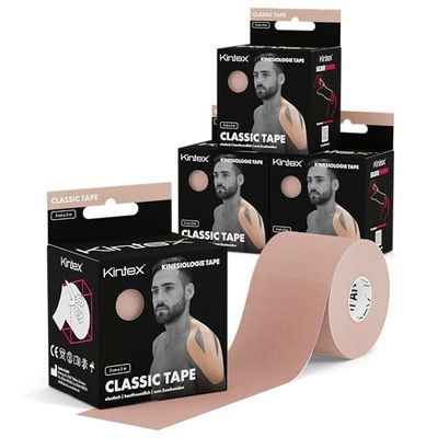 Kintex Bande Kinésiologie Tape Classic, 5 cm x 5 m, Bande de Kinésiologie Hypoallergénique et Résistante à l’Eau, Bande Physiothérapeutique, Bande Médicale, Sport et Physiothérapie, Lot de 4