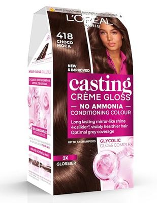 L'Oreal Paris Ammonia Free Semi-Permanent Hair Dye, 418 Choco Mocha, Glossy Hair Colour, Natural Looking Finish, For up to 28 Shampoos, Casting Crème Gloss, 1 Application