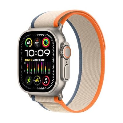 Apple Watch Ultra 2 [GPS + Cellular 49 mm] med robust titanboett och Terrängloop i orange/beige – M/L. Träningsmätare, precisions-gps, snabbknapp, extra lång batteritid, koldioxidneutral