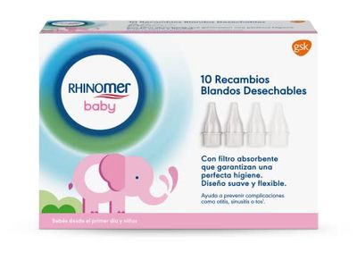 Rhinomer Baby Narhinel Conforto, 10 peças de reposição macias descartáveis para aspirador nasal, melhor ajuste ao nariz do bebé, com filtro absorvente de muco