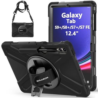 BRAECN Case for Samsung Galaxy Tab S9+/S9 FE+/S8+/S7 FE/S7+ 12.4 inch, Rugged Heavy Duty Shockproof Protective Case with Pencil Holder/Kickstand/Hand Strap/Shoulder Strap-Black