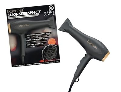 Demeliss Sèche-Cheveux Professionnel Salon Series 2200 - Tourmaline Ionique - Anti-Frisottis - 2 Vitesses, 3 Températures - Moteur AC Puissant - Diffuseur + Concentrateur - Saint Algue
