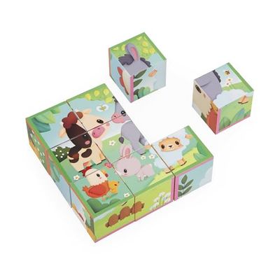 Janod Cartón para Niños y Bebés-Tema de la Granja-9 Cubos y 6 Puzzles Posibles-Juguete para los Primeros Motricidad Fina-Acuarela-A Partir de 2 años, J03329 (JURATOYS
