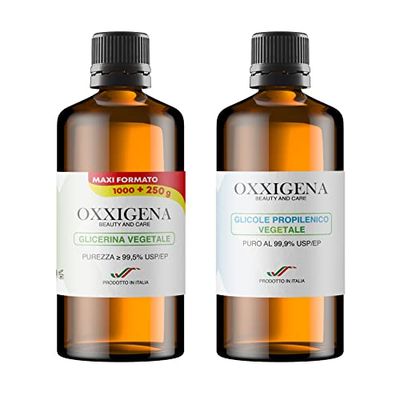 Oxxigena - BIO Kit Base Neutra da 2 L, con Glicerina Vegetale Liquida Pura ≥ 99,5% (1 L) + BIO Glicole Propilenico Vegetale Liquido Puro (1 L), 50 VG / 50 PG, 100% Made in Italy, Purezza Farmaceutica