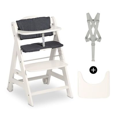 hauck Chaise Haute Bébé Evolutive Beta+ en Bois Certifié FSC® - Inclus Coussin d'Assise, Barre de Sécurité, Sangle d'Entrejambe, Harnais 5 Point - de 6 Mois à 90 kg - White
