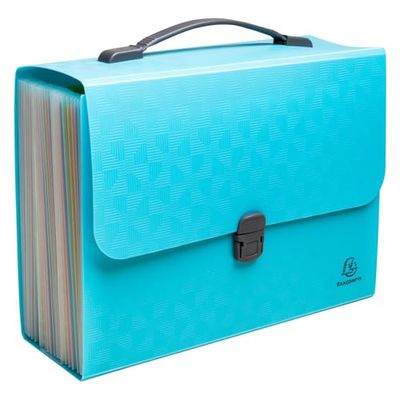 Exacompta - Ref. 55699E – Caja de 4 clasificadores de maleta con asa Pop'N Co – Cubierta de PP reciclada – Interior de PP – Cierre con botón a presión – 24 compartimentos – Dim 33 x 29 cm – cian