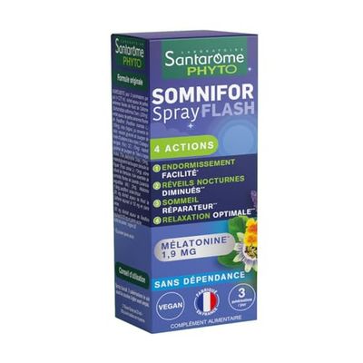 Santarome - Somnifor Spray Flash - Complément alimentaire sommeil à base de Mélatonine, Plantes, Huiles Essentielles - Endormissement rapide, sommeil réparateur - Spray 20 ML - Végan - Made In France