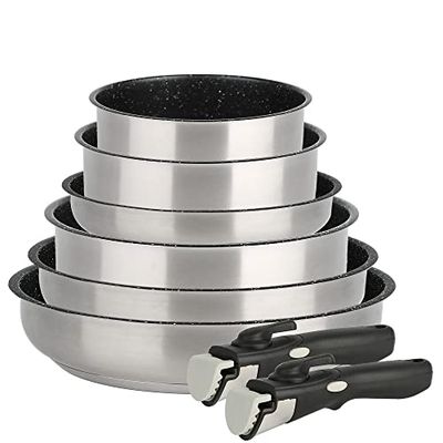 Kamberg - Set Lot Batterie de cuisine inox 6 pièces - Acier inoxydable - Revêtement pierre - Tous Feux dont Induction - Manche Amovible - Sans PFOA - 0008136, Gris