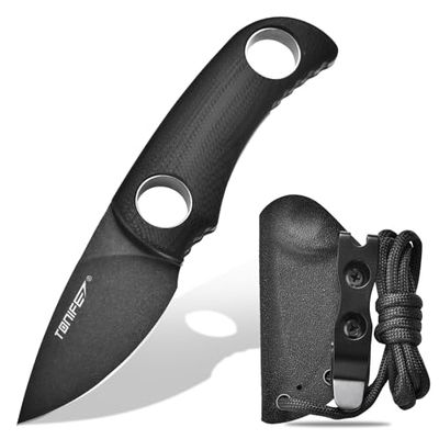 TONIFE Runer Full Tang Coltello da Caccia campeggio a Lama Fissa 4,7cm con Guaina Kydex Regolabile Facile Portabile con Cordino in Paracord per Sopravvivenza (Nero+Ossido Nero e poi stonewash)