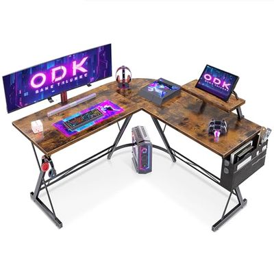 ODK L-vormig bureau, computertafel, bureautafel met ronde hoek, gamingtafel met monitorplank, 127 x 127 cm, vintage