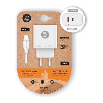 TechOneTech GAN PD 3.0 Wandlader 65 W, voor laptops en smartphones, USB-C naar USB-C kabel, 1 m
