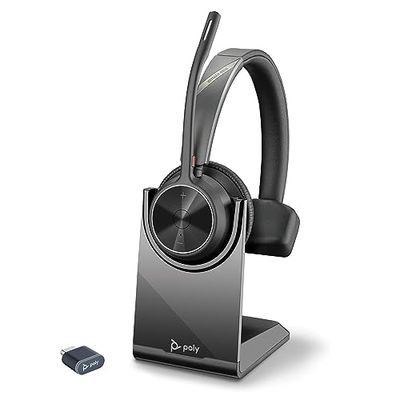 Poly Voyager 4310 UC, Cuffia Monoaurale Senza Filo, Connessione Bluetooth e Dongle USB-C BT700, Cuscinetto in Similpelle, Autonomia 24 Ore, Base per Ricarica, Compatibile con Windows 10 e macOS, Nero