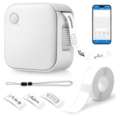 AiQInu etikettskrivare, bärbar minietiketterare, USB-laddning etikettskrivare med 1 rulle etikett, etikettmaker för hem, kontor, datum, namn, kompatibel, iOS och Android, skola, vit