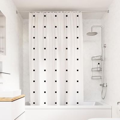 Croydex White Shower Curtain with Black Dots Design - 100% Polyester with a Weighted Hem, Machine Washable and coated with Proseal for Water Repellence, 1800x1800mm