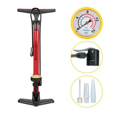 Dunlop Pompa per bicicletta con Manometro - Pompa Bici per Valvole Dunlop, Schrader e Francesi - Pompa per Materasso Gonfiabile e Palloni - Pompetta Bici, Scooter e Auto