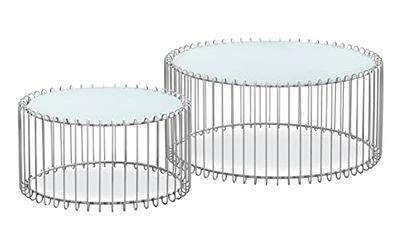 Menzzo Ensemble de 2 Tables Basses Universe Verre Blanc et Métal Gris
