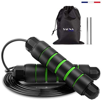 Saona Concept Springtouw voor sport, crossfit, boksen en fitness, verstelbaar, verzwaard (gewicht gratis), kogellager (snelheid), volwassenen en kinderen, gratis tas + e-book (groen) zwart/groen