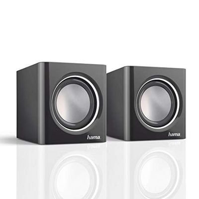 Hama Sonic Mobil 185 Enceintes pour Ordinateur - Système Stéréo 2.0, Haut-Parleurs Alimentés en USB, Connexion Jack 3.5mm - Noir/Argent