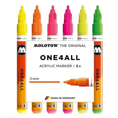 Molotow One4All 127HS Acryl Marker Neon Set (2,0 mm lijndikte, zeer dekkend en permanent, sneldrogend, navulbaar, voor bijna alle ondergronden), 6 stuks gesorteerd