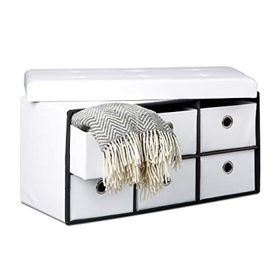 Relaxdays Banc de rangement rectangle pliant avec 6 compartiments amovibles tabouret stockage ottoman avec assise pouf simili-cuir coffre pliable38 x 76 x 38 cm, blanc