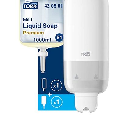 Tork Distributeur de Savon Mural pour Savon Liquide et Désinfectant pour Les Mains - Système de Distribution Économique et Anti-Fuites S1/11, Blanc + Savon Liquide Premium, 1 x 1000 ML
