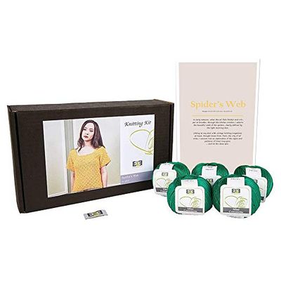 DesignEtte Telaraña Spider's Web-Kit de Tejer para Mujer, 100%, Lana de algodón Egipcio, Cuencos y Patrones para Principiantes, Caja de 50 g ≈127 m/5 Capas, Verde Transparente, S