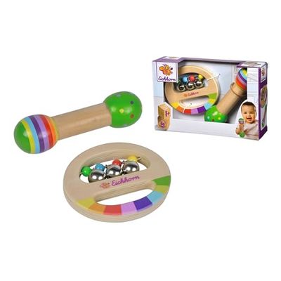 Eichhorn - Set de música de 2 piezas, incluye anillo de agarre con campanas y varilla con sonido, coloridos instrumentos musicales de madera, de 1 año, multicolor