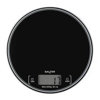 Salter SA00595BCFEU12 Round Kitchen Scale – Digital Food Weighing Scales for Baking & Cooking, Measures Liquids & Fluids, Easy Read LCD Display, Tare/Zero Function, Slim Compact Design, 5kg Capacity