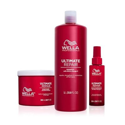 Wella Professionals Ultimate Repair Shampoing léger pour cheveux abîmés, Après-shampoing nourrissant et Soin Protecteur sans Rinçage, Protection contre tous les types de dommages - 1L + 500ml + 140ml