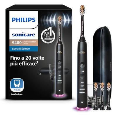 Philips Sonicare DiamondClean Smart 9400 spazzolino elettrico, spazzolino sonico con app, sensore di pressione, 4 modalità di spazzolamento e 3 livelli di intensità, nero, modello HX9918/89