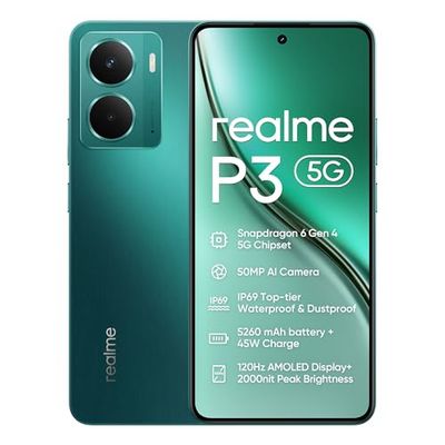 realme P3 5G Smartphone,8+256GB, Batería de 5260 mAh,Carga de 45W,Chipset Snapdragon 6 Gen 4, Cámara AI de 50MP, Pantalla Pro-Esports de 2000 nits120Hz,IP69, Verde (Sin Adaptador)