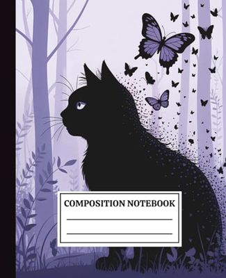 Composition Notebook College Ruled: Black Cat with Purple Butterflies Illustration | Vintage Aesthetic Journal for School, College, Office
