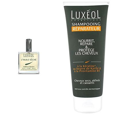 Luxéol – Huile Sèche Corps et Cheveux – Nourrit, Protège*, Adoucit – Made in France – 100 ml. & Shampooing Réparateur – Nourrit, Répare, Protège les Cheveux – Made in France – 200 ml