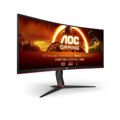 AOC Gaming CU34G2XP - 34 Inch WQHD Curved Monitor, VA, 180Hz, 1ms GtG, HDR400, Height Adjust, Game Mode, Speakers (3440 x 1440, 400 cd/m HDMI 2.0 / DP 1.4)