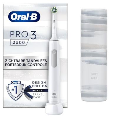 Oral-B PRO 3 3500 Brosse à dents électrique avec 3 modes de brossage et contrôle visuel de la pression à 360° pour soins dentaires, étui de voyage à rayures Cadeau homme/femme conçu par marron, blanc