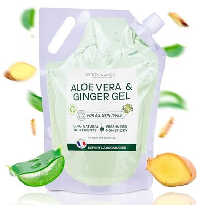 Aloe Vera & Ginger Gel – Idratante, Rassodante e rinfrescante, con foglia fresca di aloe da agricoltura biologica in Spagna, per viso, corpo e capelli, dopo-sole, gambe, rasatura (1000)