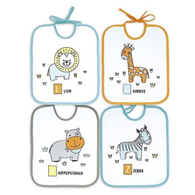 Ti TIN | Set van 4 waterdichte babyslabbetjes, 73% katoen, 27% polyester, vinylvoering, slabbetjes met banden voor baby's van 6 tot 18 maanden, grappige verschillende prints, Diverse, 23x26cm