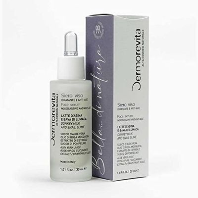 Dermorevita Siero Viso con Latte d'Asina e Bava di Lumaca, Gel d’Aloe, Olio di Rosa Mosqueta, Estratto di Cetriolo, Succo di Pompelmo, Eco Bio Cosmesi Aiab 30 ml