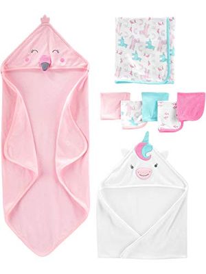 Simple Joys by Carter's Baby Girls' 8-Piece Towel and Flannel Set, Pink Flamingo/White Unicorn, One Size