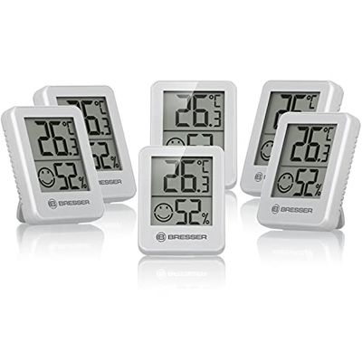 BRESSER Temeo Hygro Lot de 6 Indicateurs Thermo-hygrométriques À Poser Debout Ou À Monter Au Mur, avec Indicateur De Climat De Pièce, Blanc