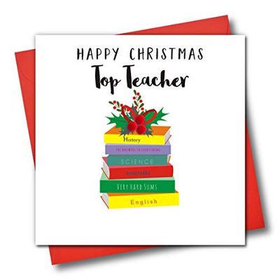 Claire Giles Greeting Cards, Happy Christmas Teacher Card, Pile of School Books, Top Teacher Greeting Card, Embellished with Colourful Pompoms