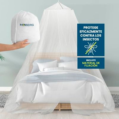 Hoberg Mosquitera para Cama | Mosquitera para Camas Individuales y Dobles - Ideal para Viajar | Toldo Incl. Pinzas, Ganchos Adhesivos y Bolsa | Mosquitera Fina para Interior y Exterior [Blanco]