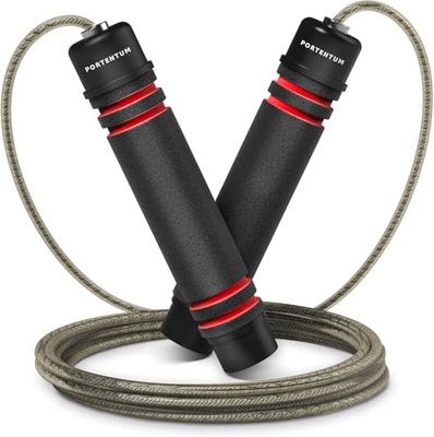 PORTENTUM Sport springtouw, verstelbaar springtouw voor kinderen en volwassenen, kogellagers van staal, antislip handgrepen van schuim, staalkabel voor fitness, crossfit, sport, boksen, 2,8 m