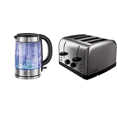 Russell Hobbs 21600-10 Illuminating Glass Kettle, Black, 1.7 Litre, 3000 Watt & 18790 Futura 4-Slice Toaster, 1500 W, Stainless Steel Silver, Four Slice