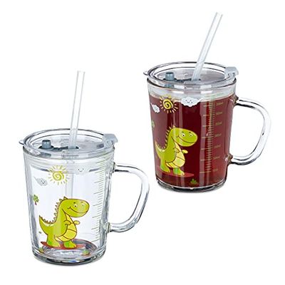 relaxdays Tasse enfant, lot de 2, motif dinosaure, verre avec poignée, couvercle et paille, échelle 400 ml, transparent