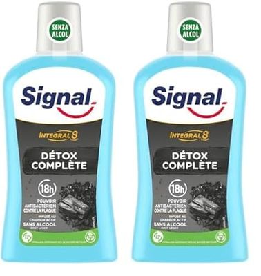 SIGNAL - Bain de Bouche Intégral 8 Détox Complète - Infusé au Charbon Actif - Enrichi en Zince Minéral pour une éfficacité antibactérienne pendant 18h - Sans Alcool - 500ml (Lot de 2)