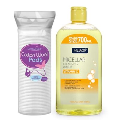 Cotton Tree 100% Pure Cotton, Round Cotton Wool Pads, 80 Count with 700ml Nuage Micellar Water with Vitamin C